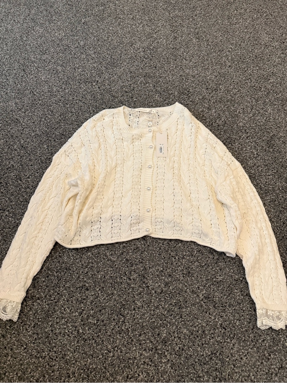 Altar'd State Cream Lace-Trim Cable Knit Cardigan